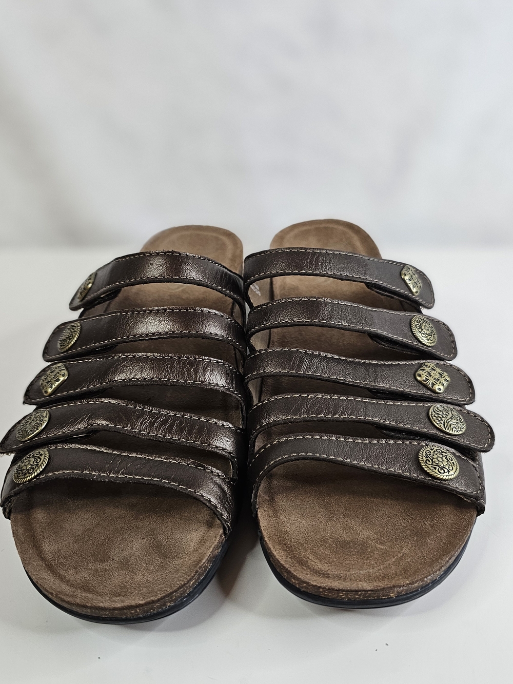 Dansko Janie Brown Multi-Strap Women's Slide Sandals with Decorative Medallions